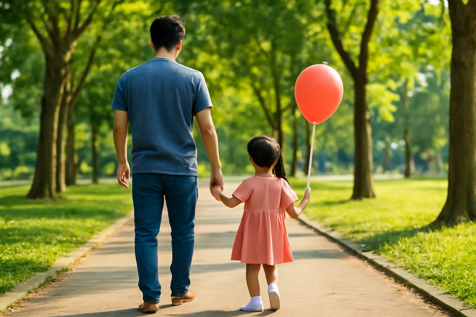 Người cha dắt con gái nhỏ đi dạo trong công viên buổi chiều