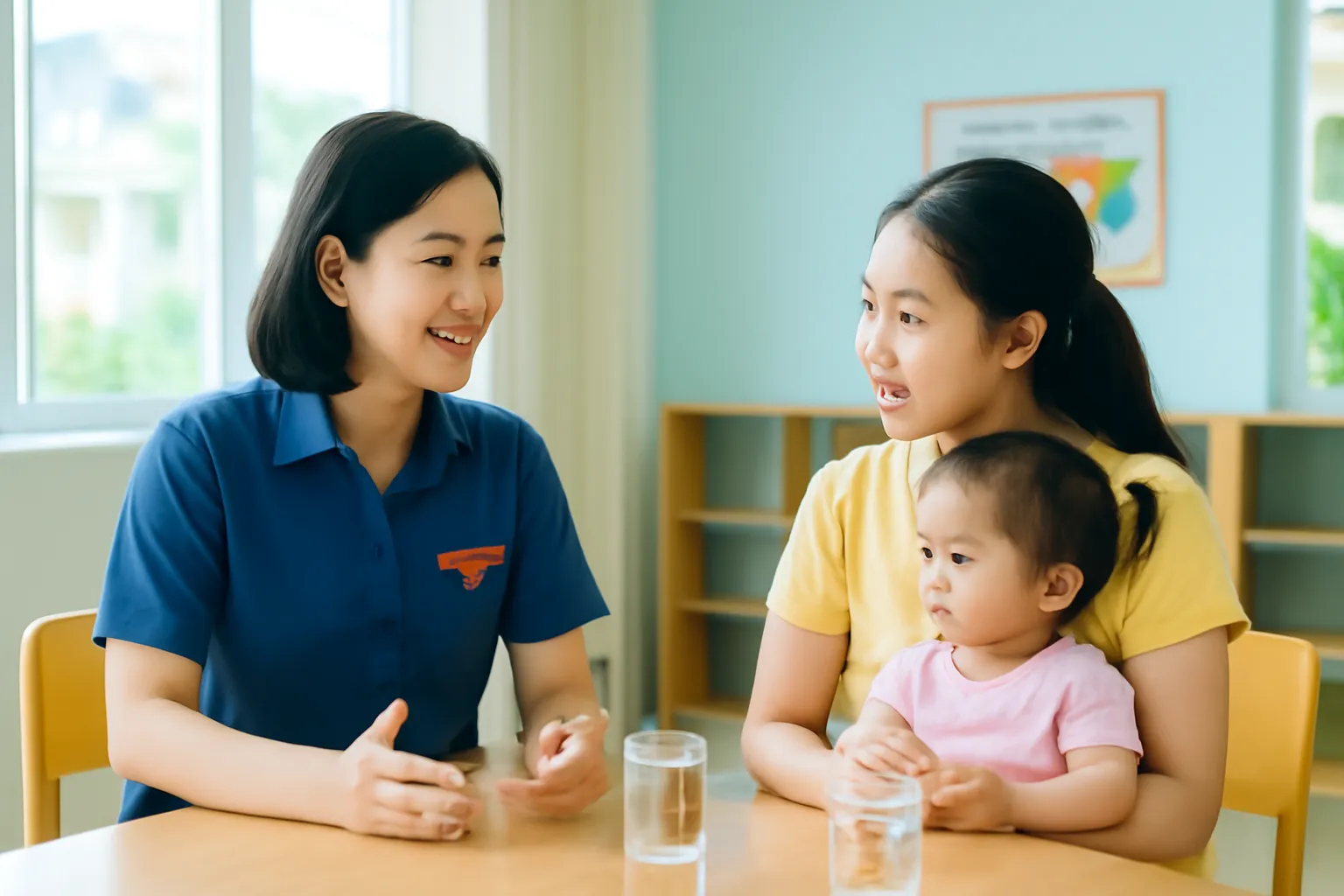 Nữ cán bộ phụ nữ phường ân cần nói chuyện với một người mẹ trẻ