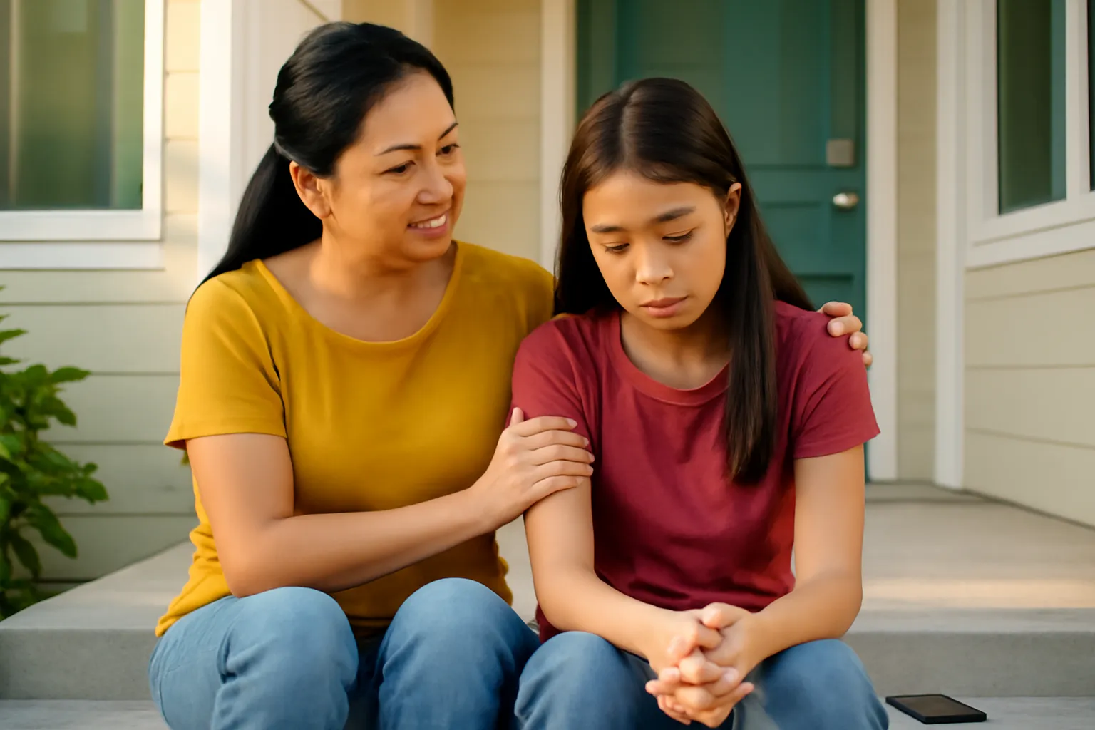 Người mẹ ngồi cạnh con gái tuổi teen trên bậc thềm nhà an ủi