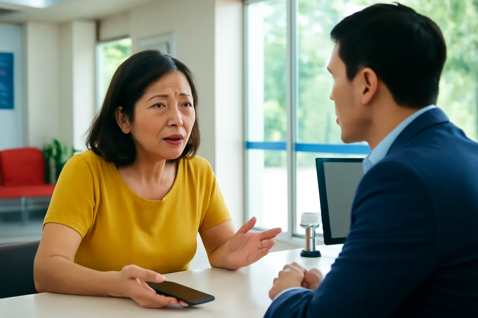 Người phụ nữ trung niên gọi điện thoại tại quầy giao dịch ngân hàng