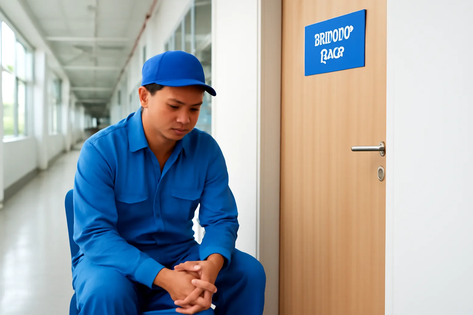 Công nhân nhà máy mặc đồng phục ngồi chờ trước phòng họp