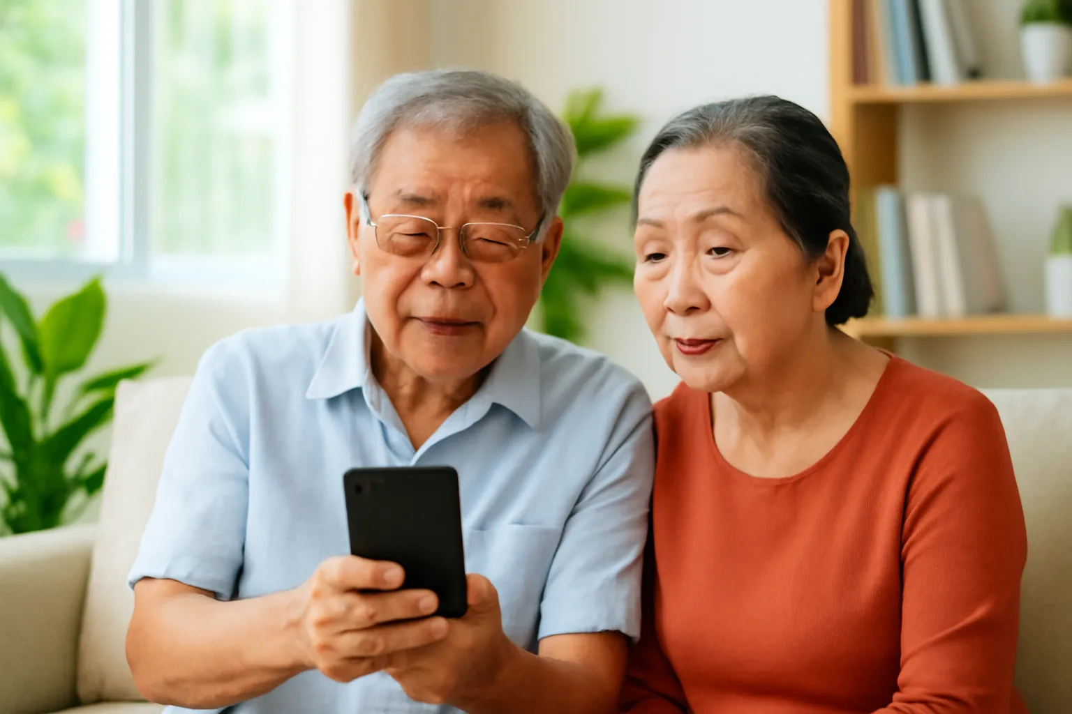 Ông bà cụ ngồi cạnh nhau cùng xem điện thoại trên ghế sô pha