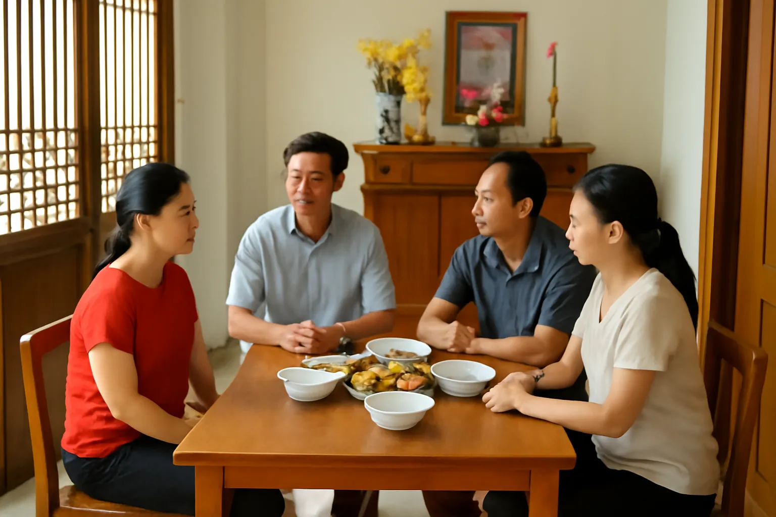 Mấy anh chị em ngồi quanh bàn thờ gia đình sau ngày giỗ cha