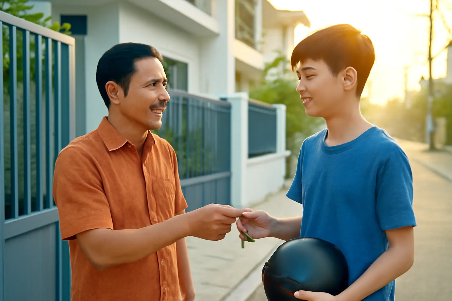 Người cha đứng ở cổng nhà trao chìa khoá xe máy cho con trai