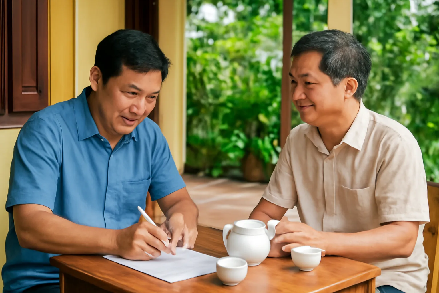 Hai người bạn trung niên ngồi uống trà bàn chuyện bên hiên nhà