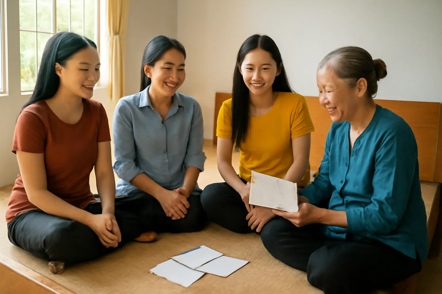 Nhóm phụ nữ ngồi quanh tấm phản trong nhà cùng ghi chép sổ hụi