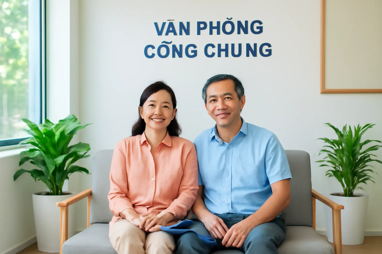 Hai vợ chồng trung niên ngồi chờ trong văn phòng công chứng sáng sủa