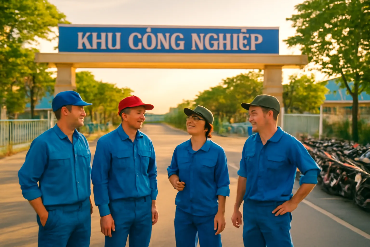 Nhóm công nhân trẻ đứng trò chuyện trước cổng khu công nghiệp lúc tan ca