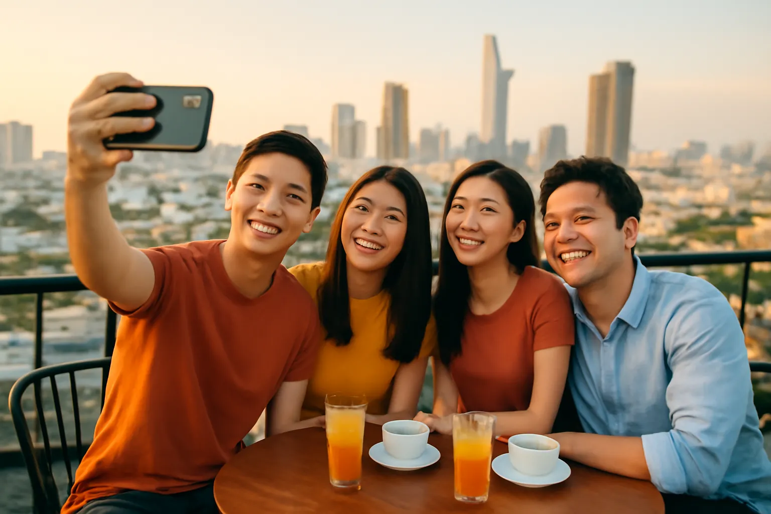 Nhóm bạn trẻ chụp ảnh chung ở quán cà phê sân thượng