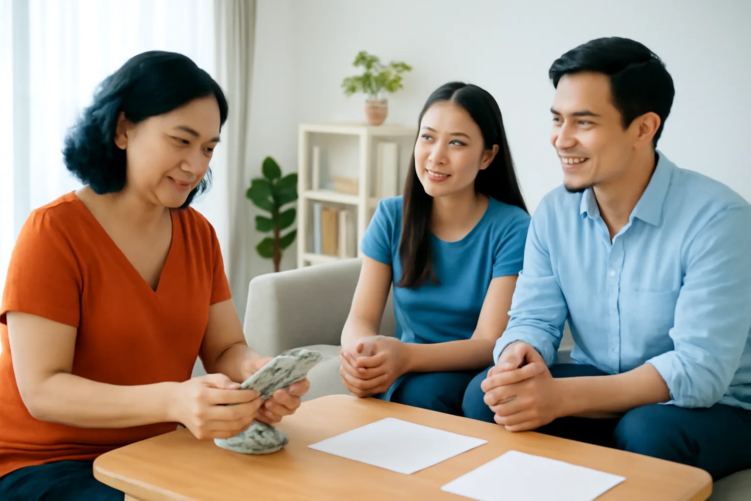 Người phụ nữ đếm tiền đặt cọc bên bàn gỗ trong phòng khách