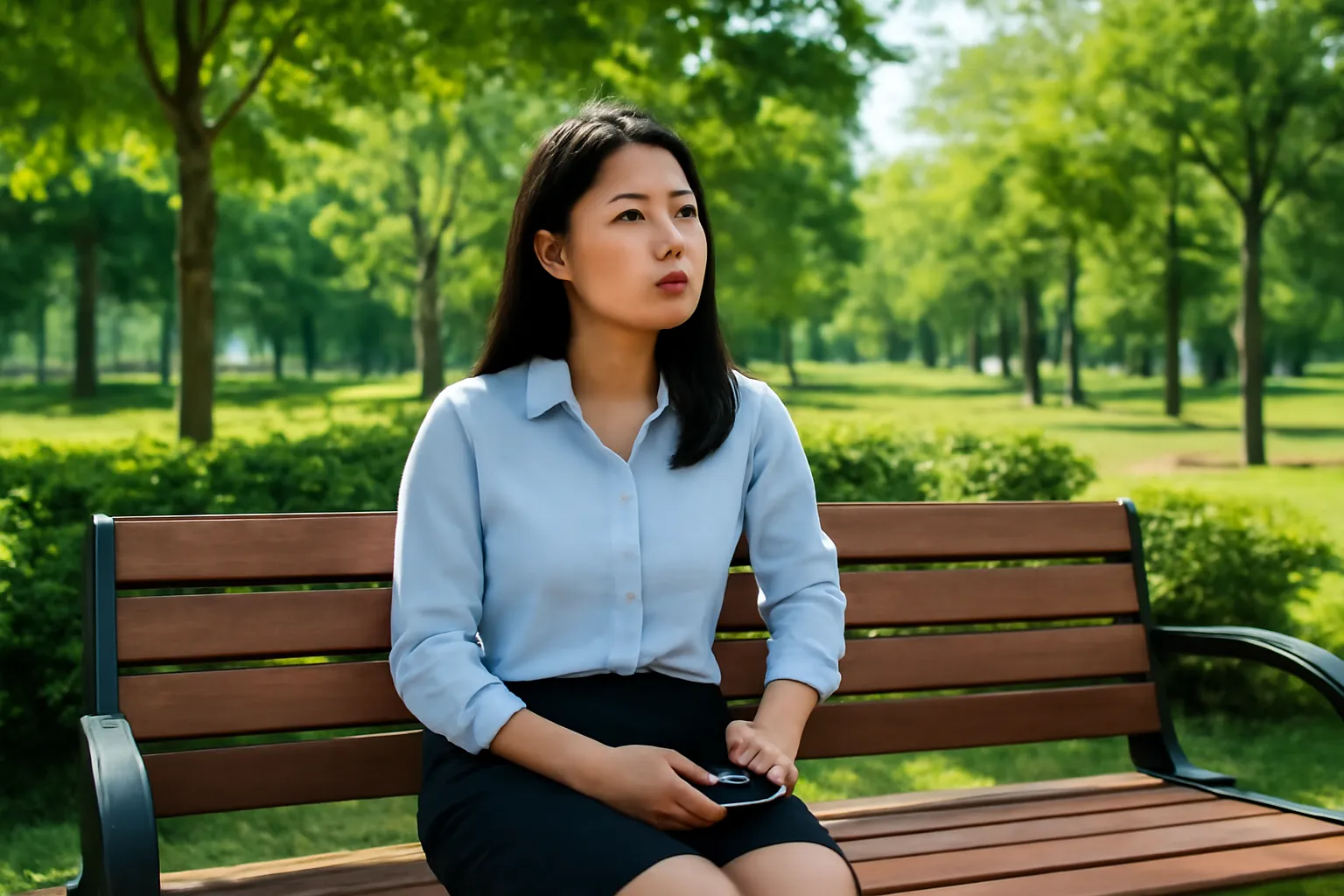 Người phụ nữ ngồi trên ghế đá công viên nhìn điện thoại úp mặt màn hình xuống