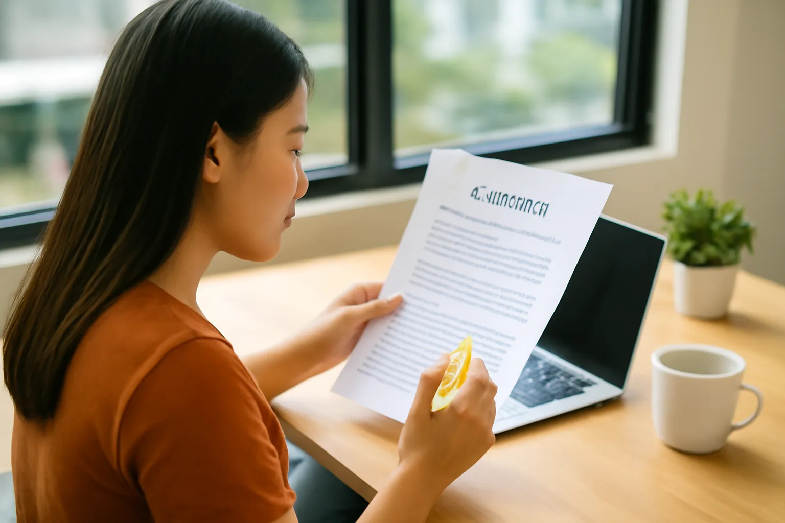 Cô gái trẻ dùng bút đánh dấu khi đọc hợp đồng thuê văn phòng