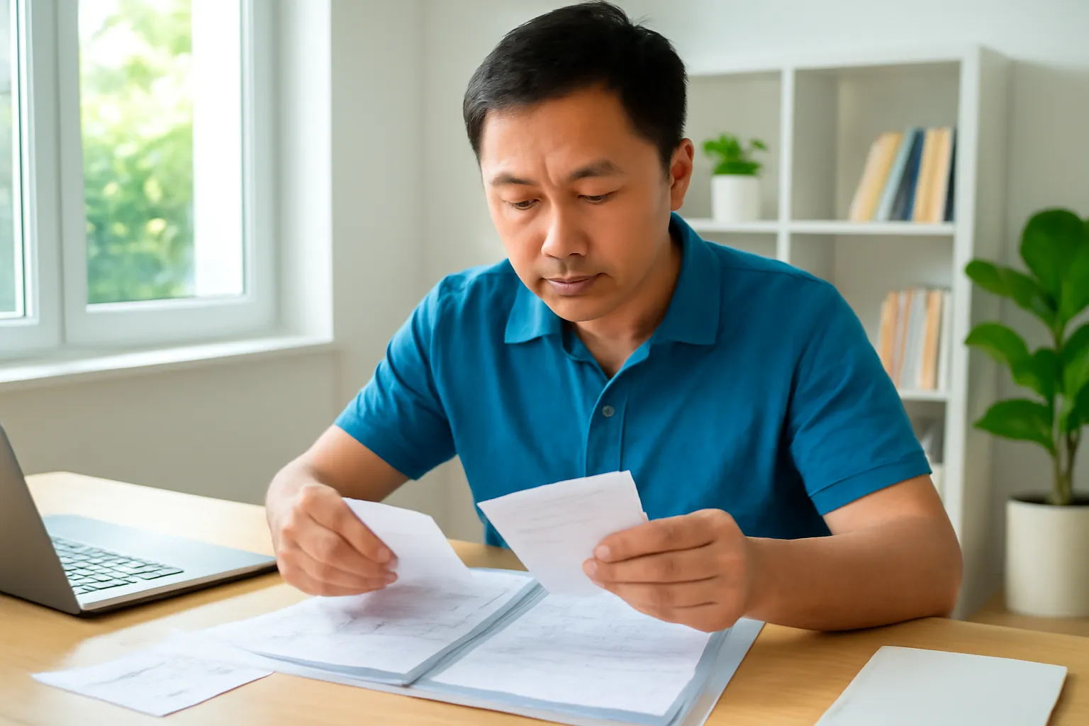 Người đàn ông ngồi ở bàn làm việc sắp xếp giấy tờ vào bìa hồ sơ