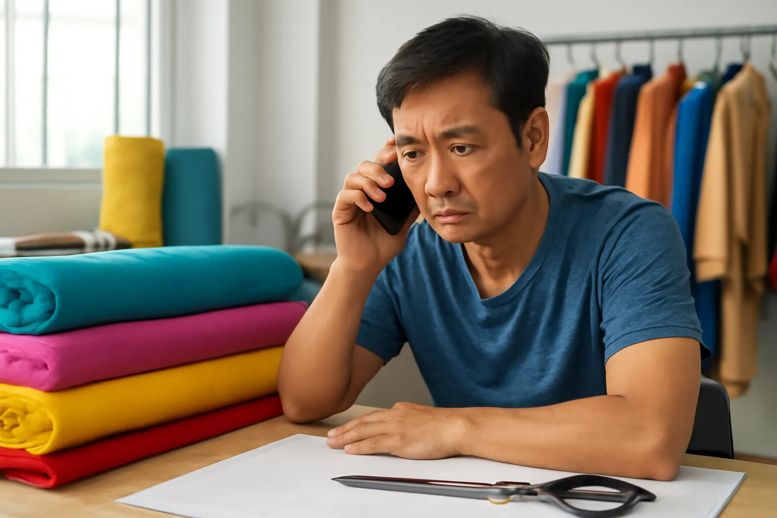 Chủ xưởng may nhỏ ngồi gọi điện bên bàn cắt vải chất đầy hàng