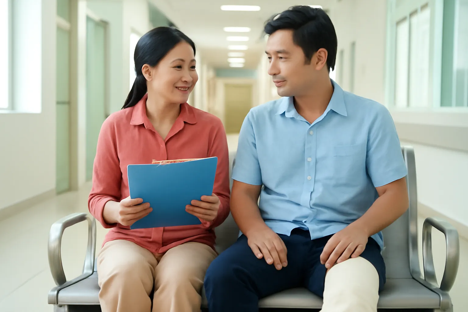 Người phụ nữ ngồi ở hành lang bệnh viện bên cạnh người chồng bó bột chân