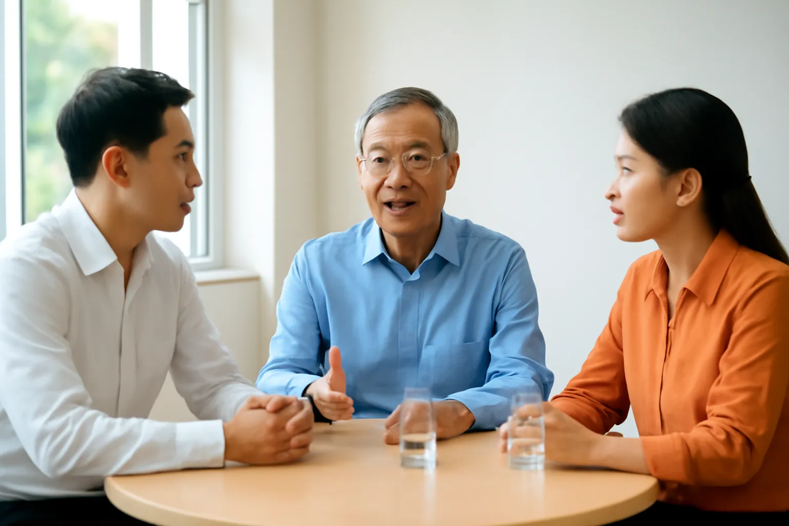 Ba người ngồi quanh bàn tròn trong phòng họp nhỏ sáng sủa