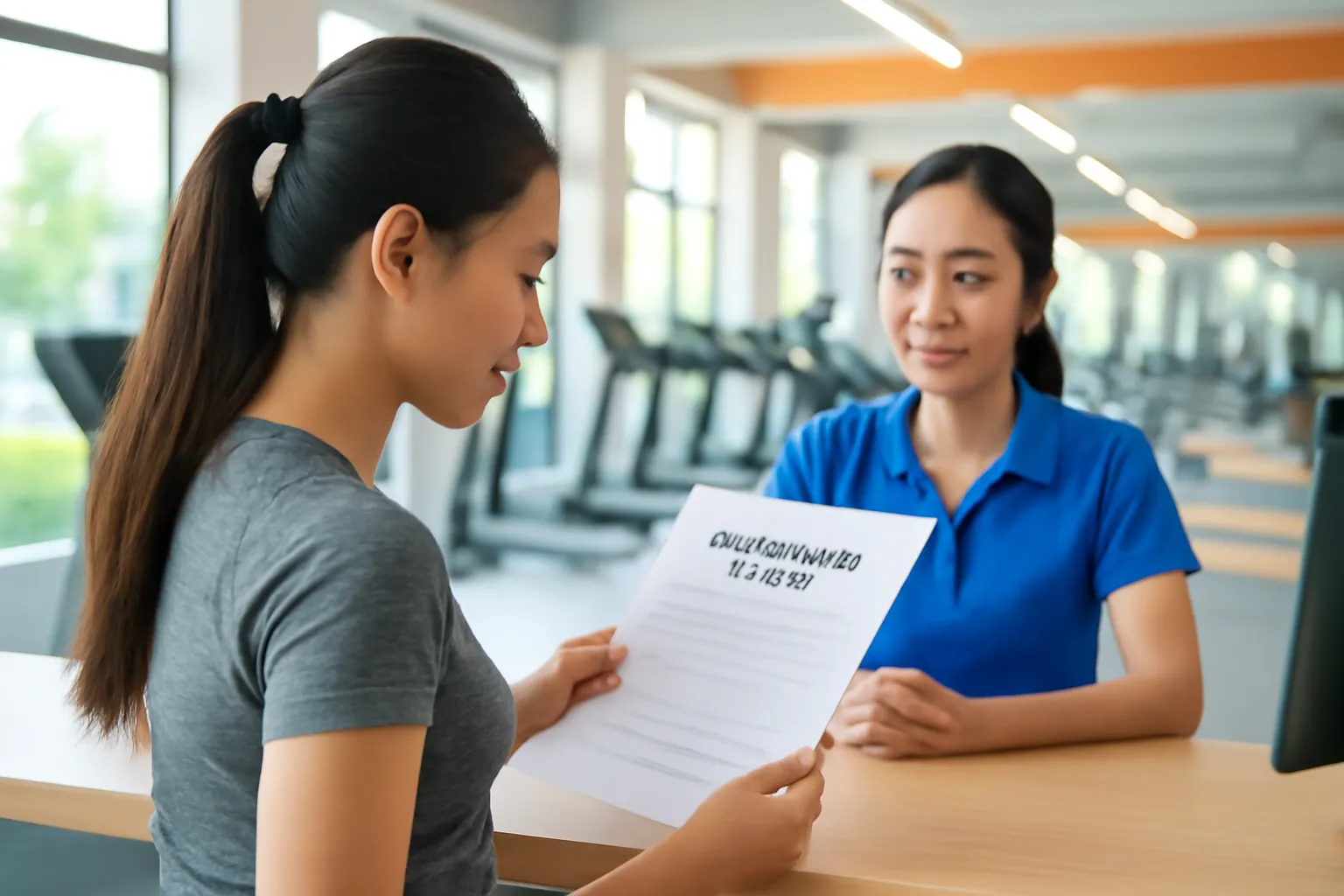 Người phụ nữ trẻ đọc tập giấy hợp đồng tại quầy lễ tân phòng tập