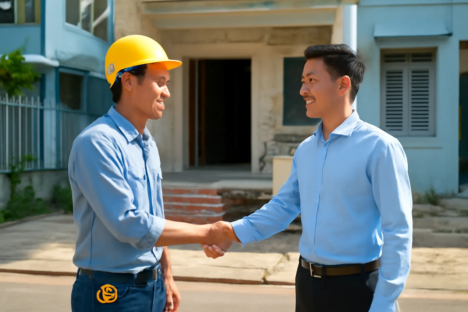 Hai người đàn ông bắt tay chốt việc sửa nhà trước hiên nhà ở ngoại ô