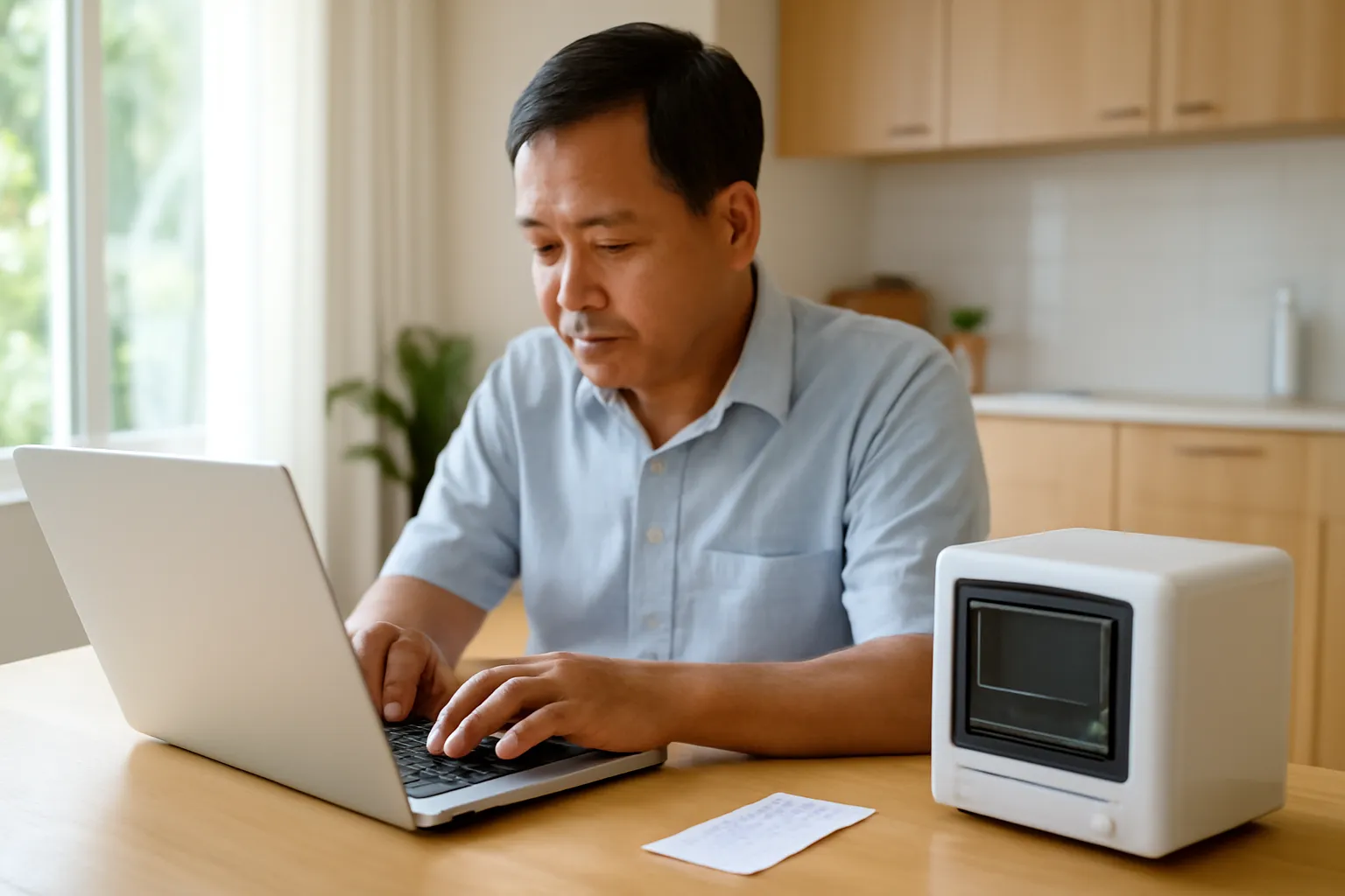 Người đàn ông trung niên gõ thư trên máy tính xách tay ở bàn ăn