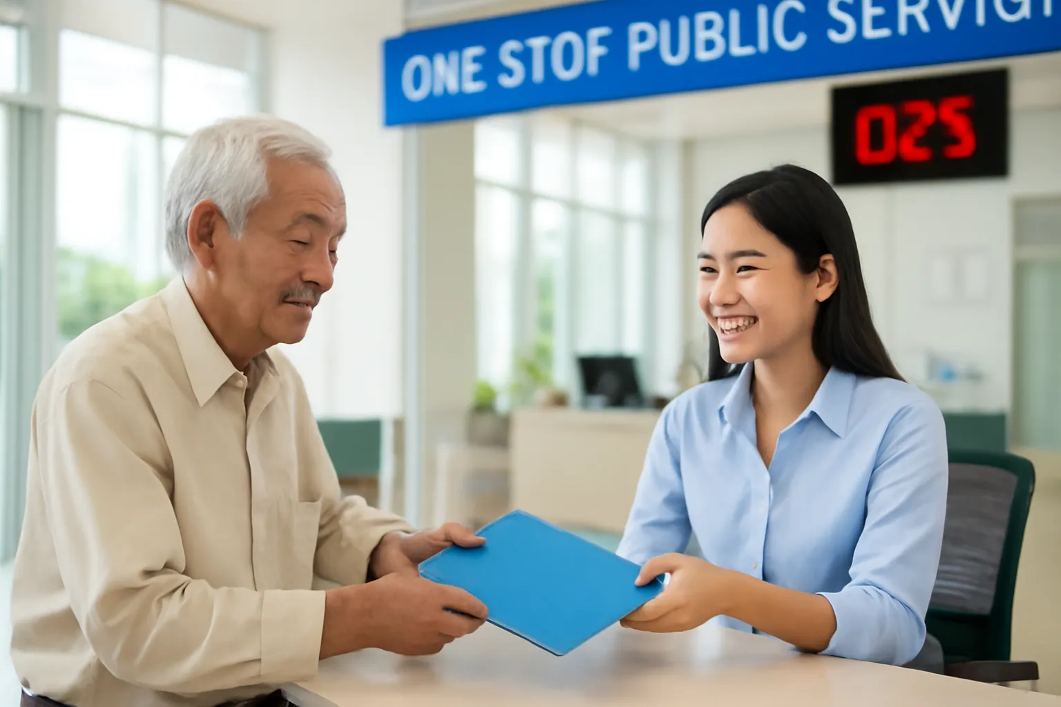 Người đàn ông lớn tuổi nộp hồ sơ tại quầy tiếp nhận một cửa sáng sủa
