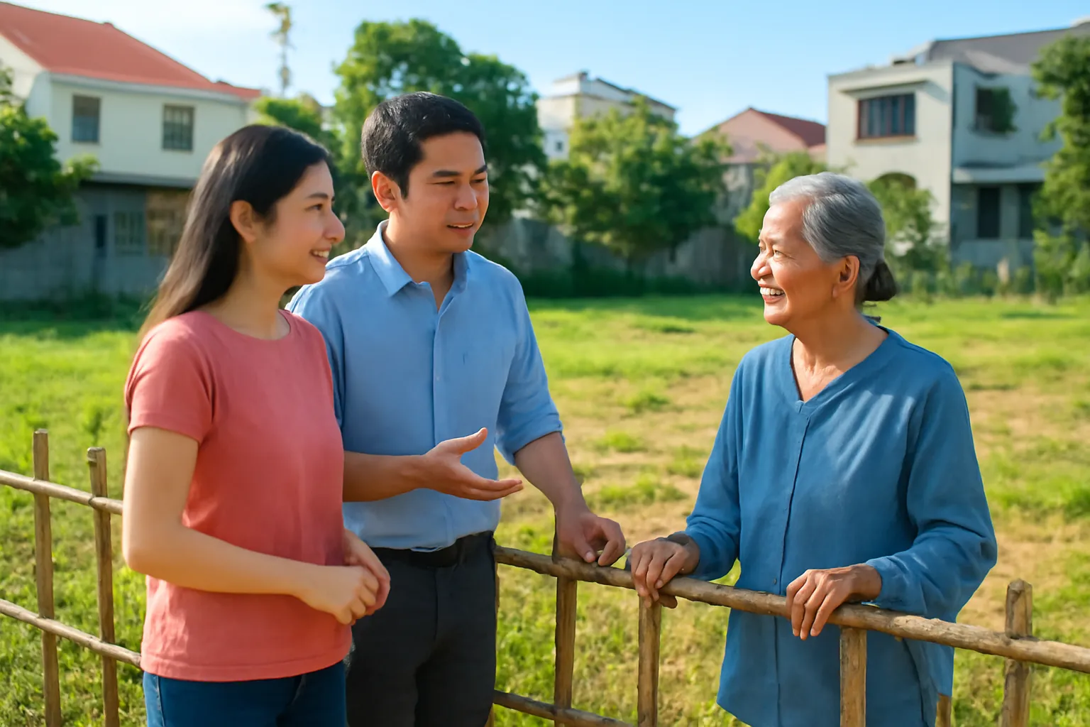Hai vợ chồng trẻ đi xem đất cùng người hàng xóm lớn tuổi bên bờ rào