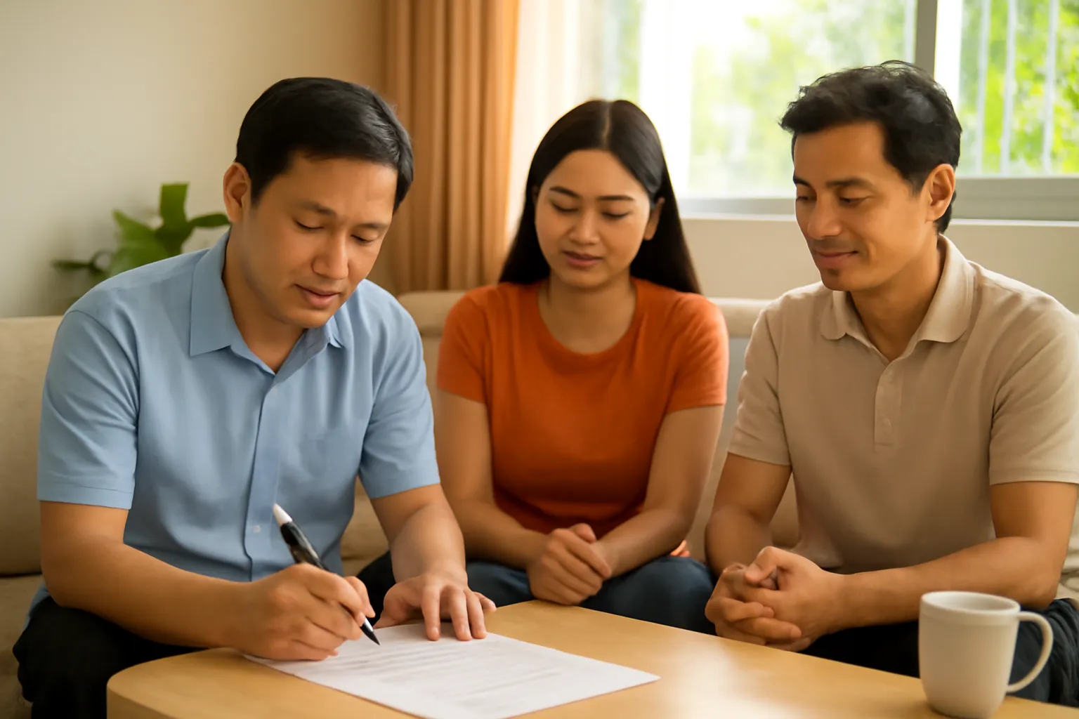 Ba người ngồi quanh bàn trong phòng khách, một người đang cầm bút do dự