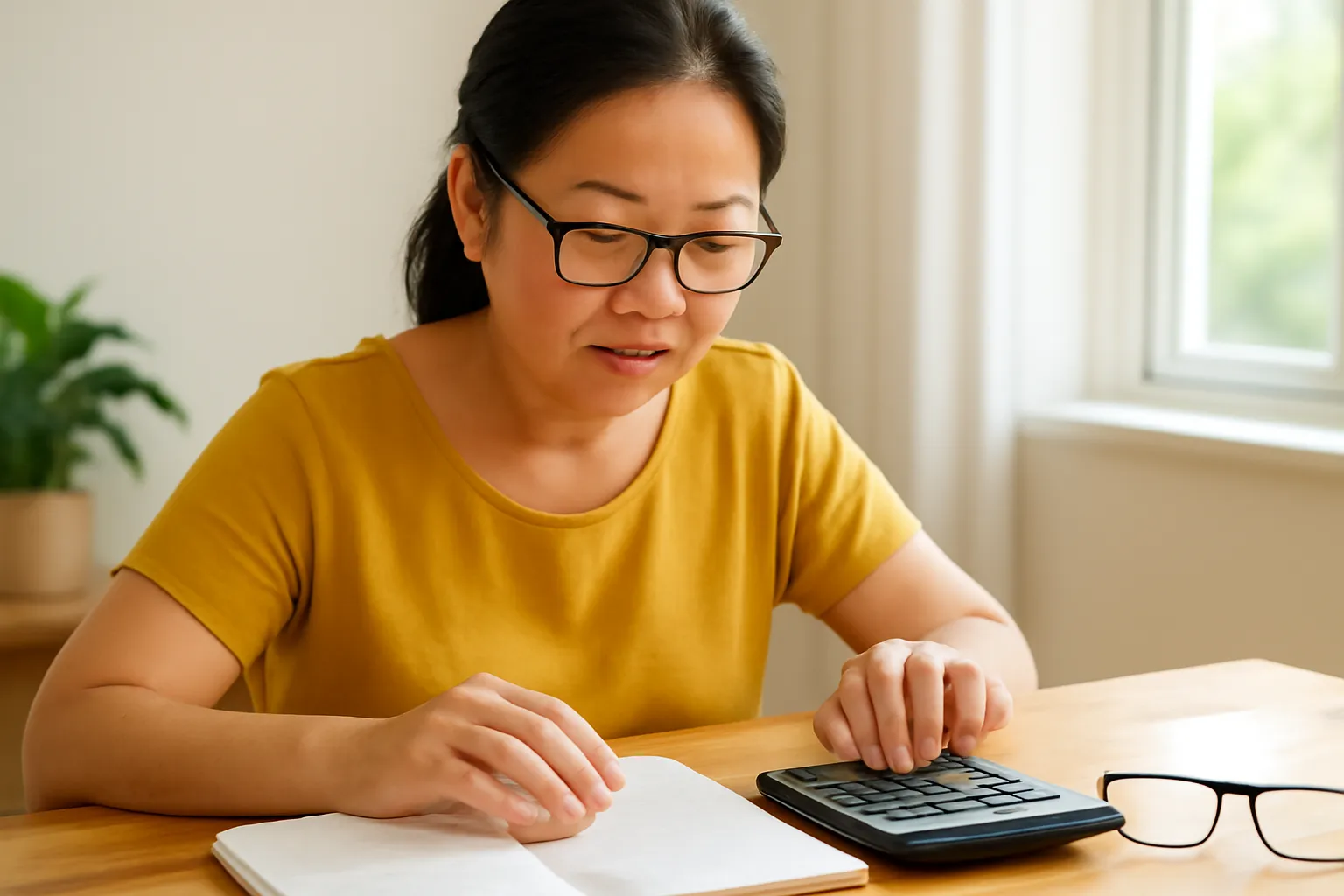 Người phụ nữ bấm máy tính cầm tay cạnh cuốn sổ ghi chép