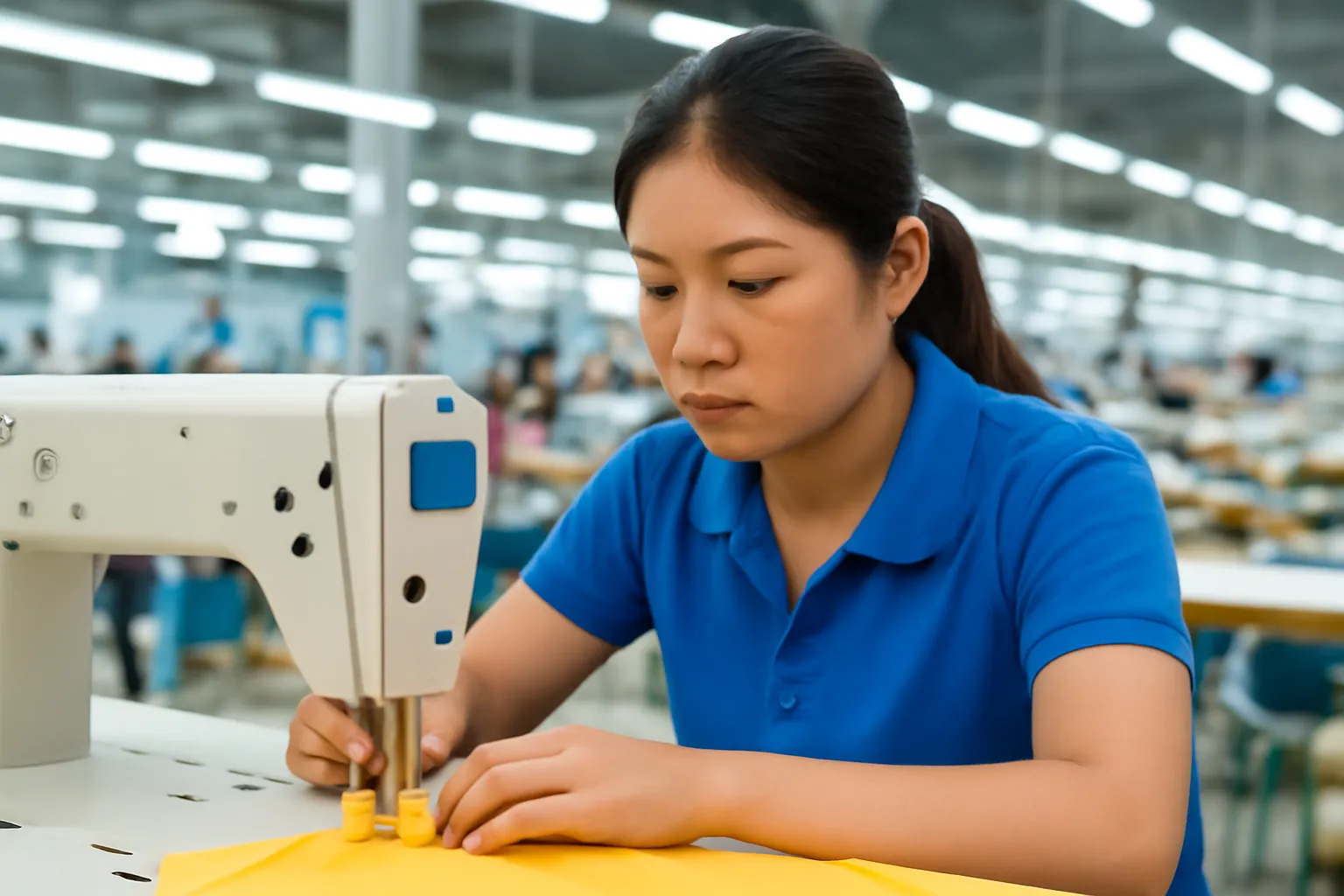 Nữ công nhân may làm ca tối dưới đèn xưởng sáng trắng
