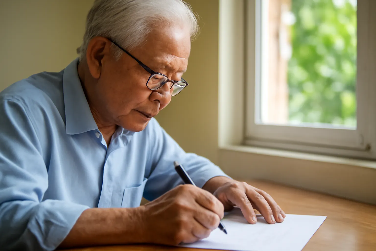 Cụ ông ngồi bên bàn gỗ viết tay lên trang giấy dưới ánh đèn bàn