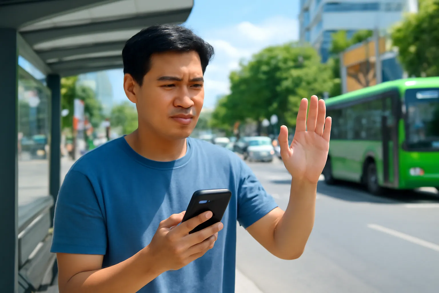 Người đàn ông trẻ từ chối cuộc gọi lạ trên điện thoại khi đang đứng ở trạm xe buýt