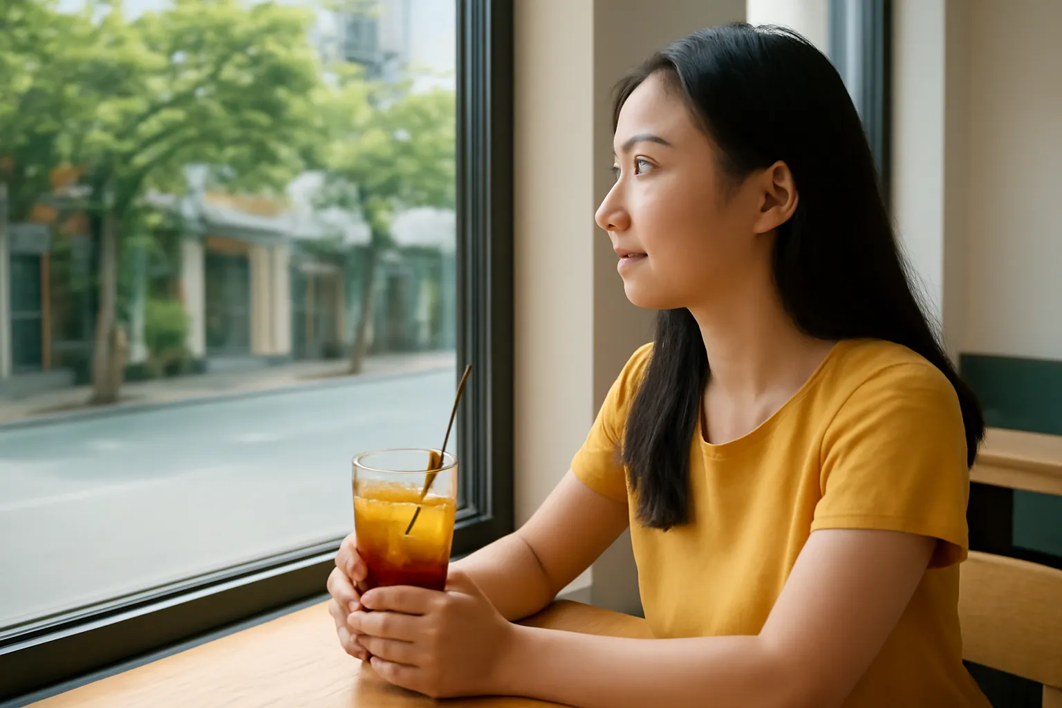 Người phụ nữ ngồi một mình bên cửa sổ quán cà phê nhìn ra phố