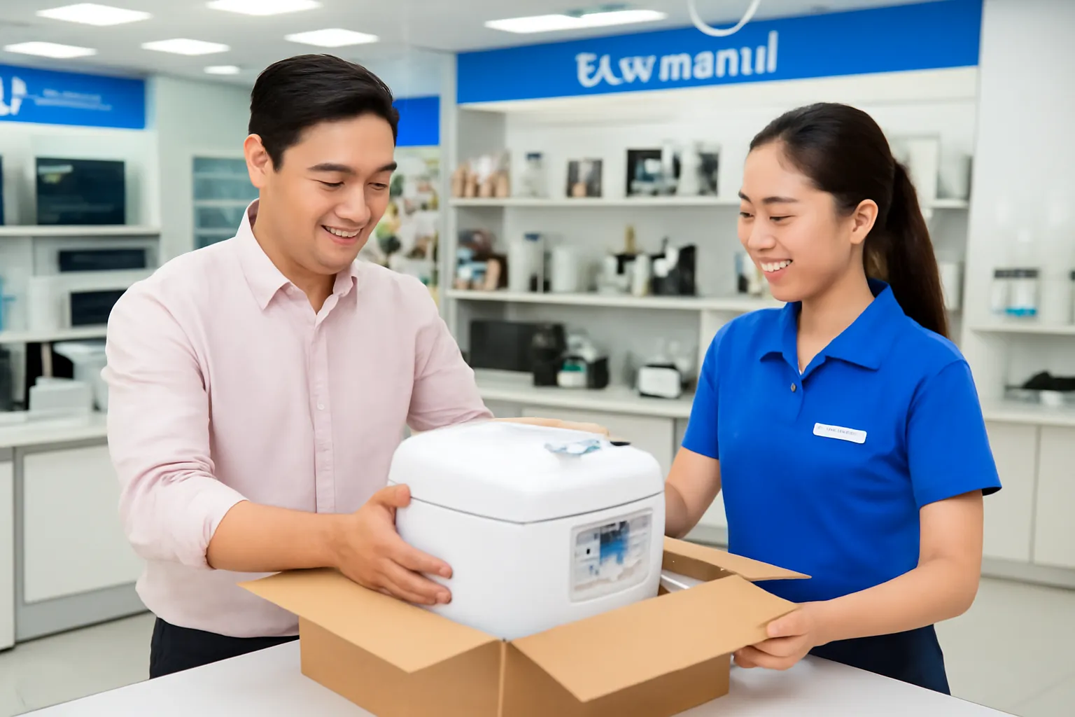 Người đàn ông mang chiếc nồi cơm điện tới quầy bảo hành của siêu thị điện máy