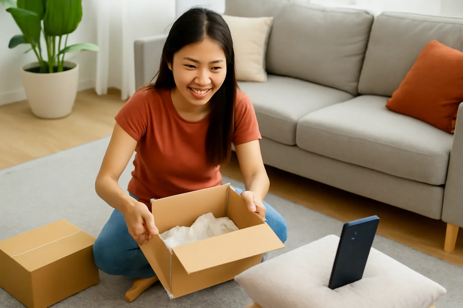 Cô gái ngồi trên sàn phòng khách mở hộp hàng vừa giao và quay video