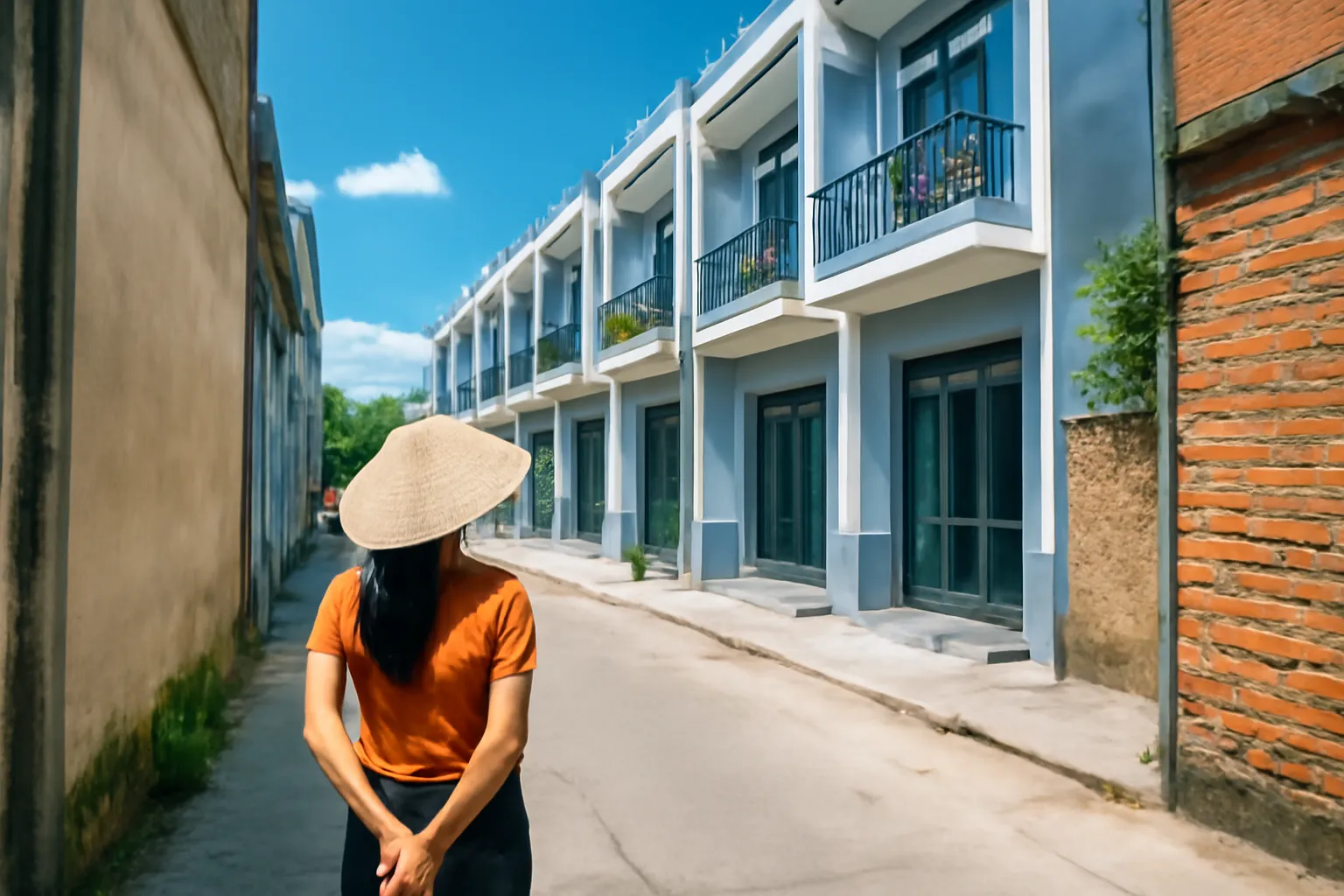 Dãy nhà phố nhỏ mới xây trong hẻm, một người phụ nữ đứng nhìn lên ban công