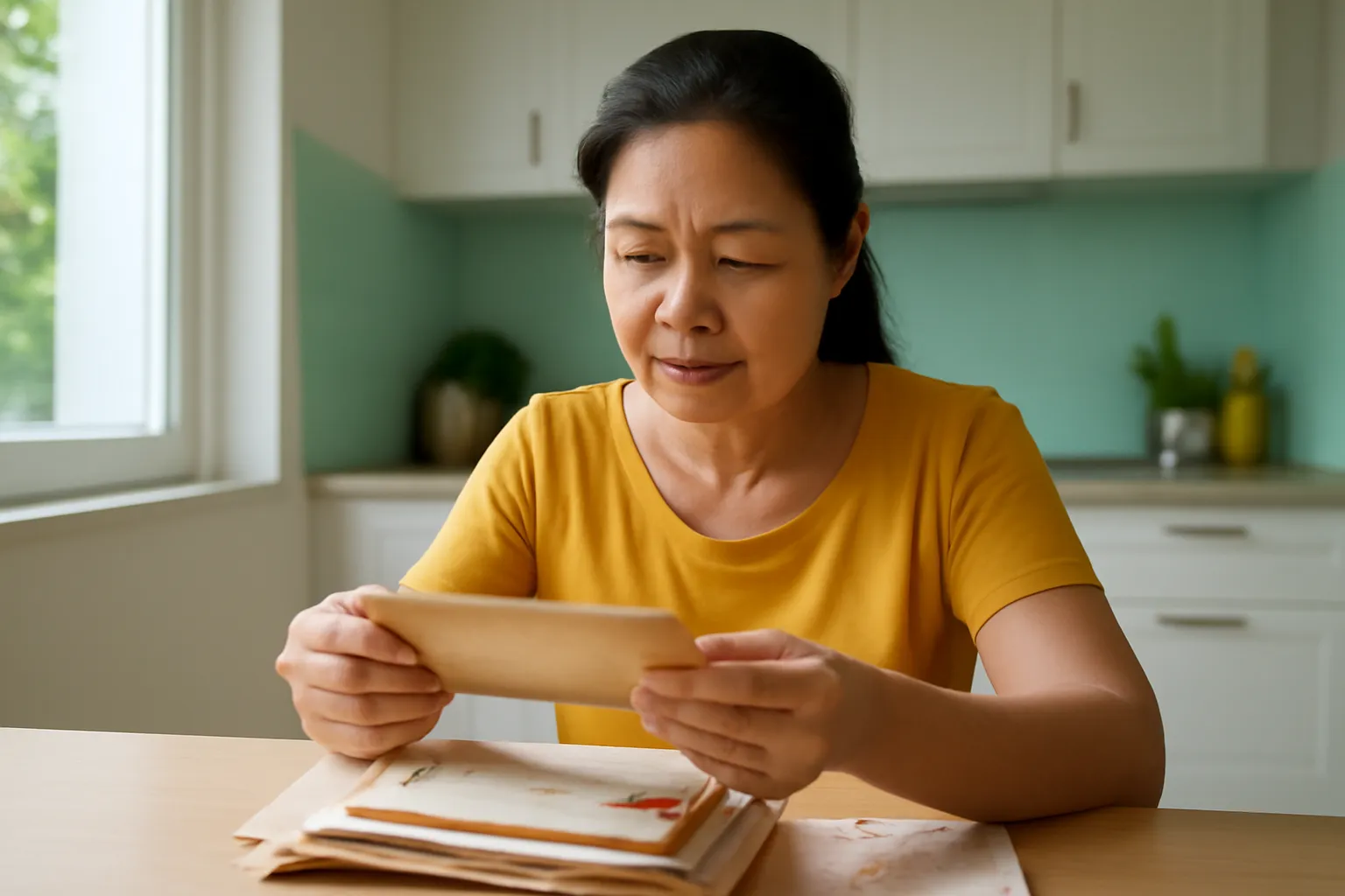 Người phụ nữ trung niên ngồi trước chồng giấy tờ cũ trong căn bếp