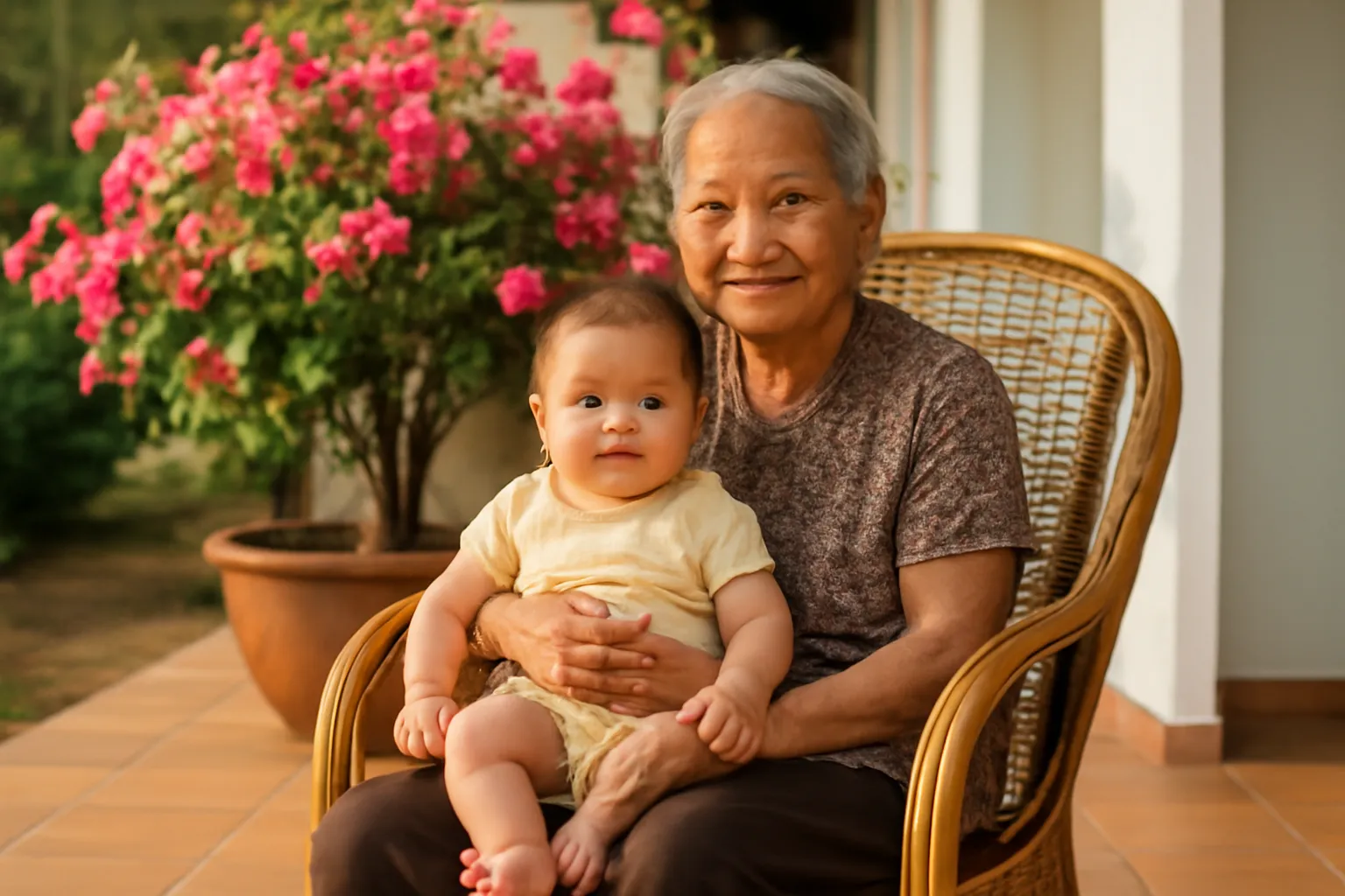 Bà cụ ngồi trên ghế mây ôm đứa cháu nhỏ ở hiên nhà