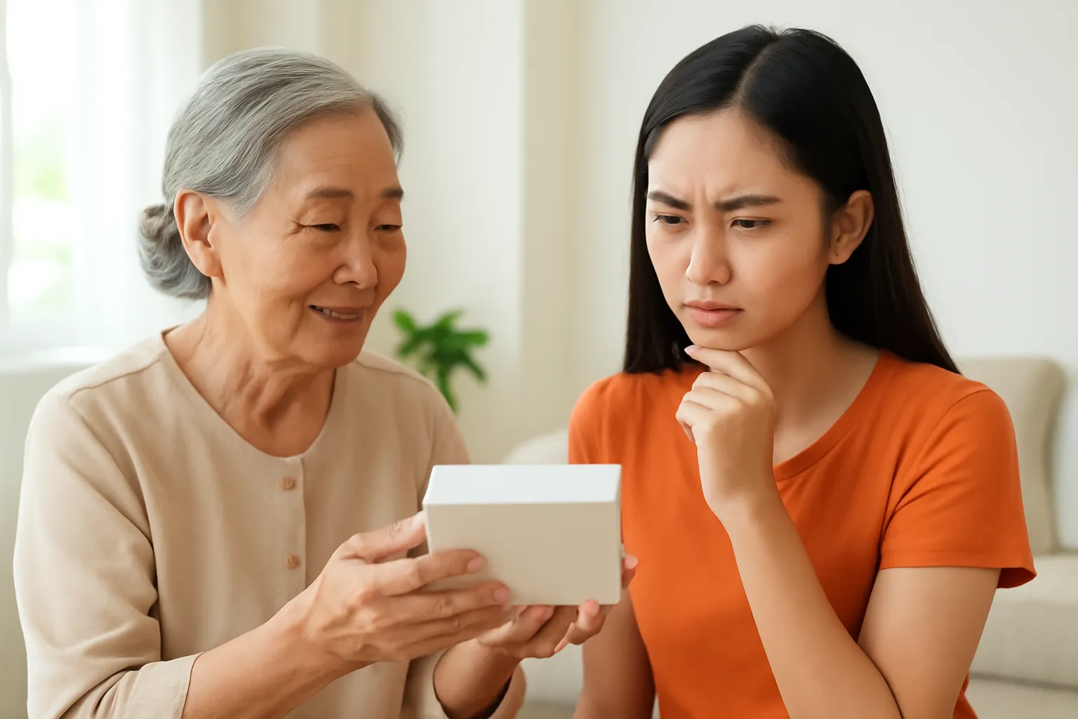 Bà cụ cầm hộp thực phẩm chức năng đưa cho cô cháu gái xem