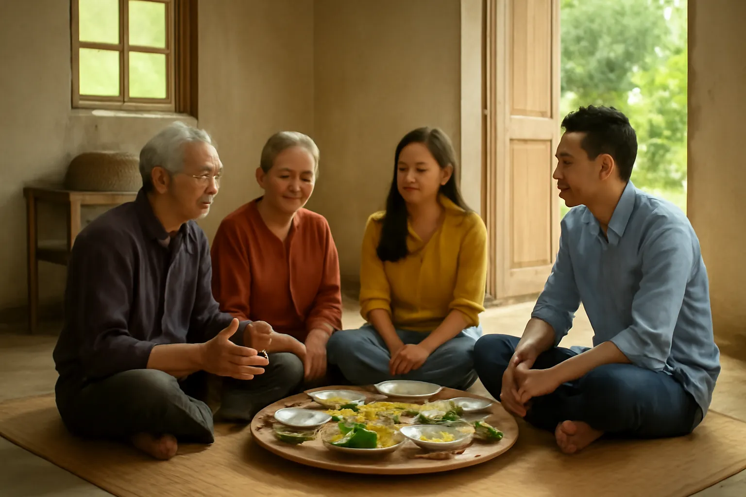 Ba thế hệ trong một gia đình ngồi quanh mâm cơm bàn chuyện nhà đất