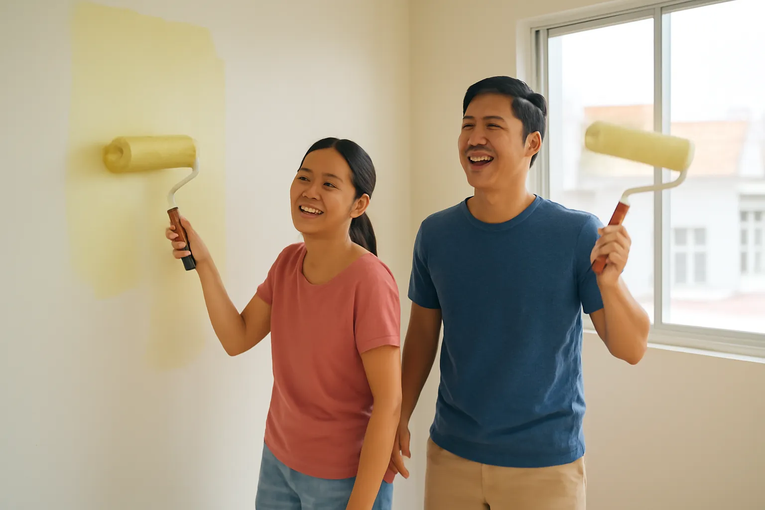 Đôi vợ chồng trẻ cùng sơn lại tường căn nhà thuê nhỏ