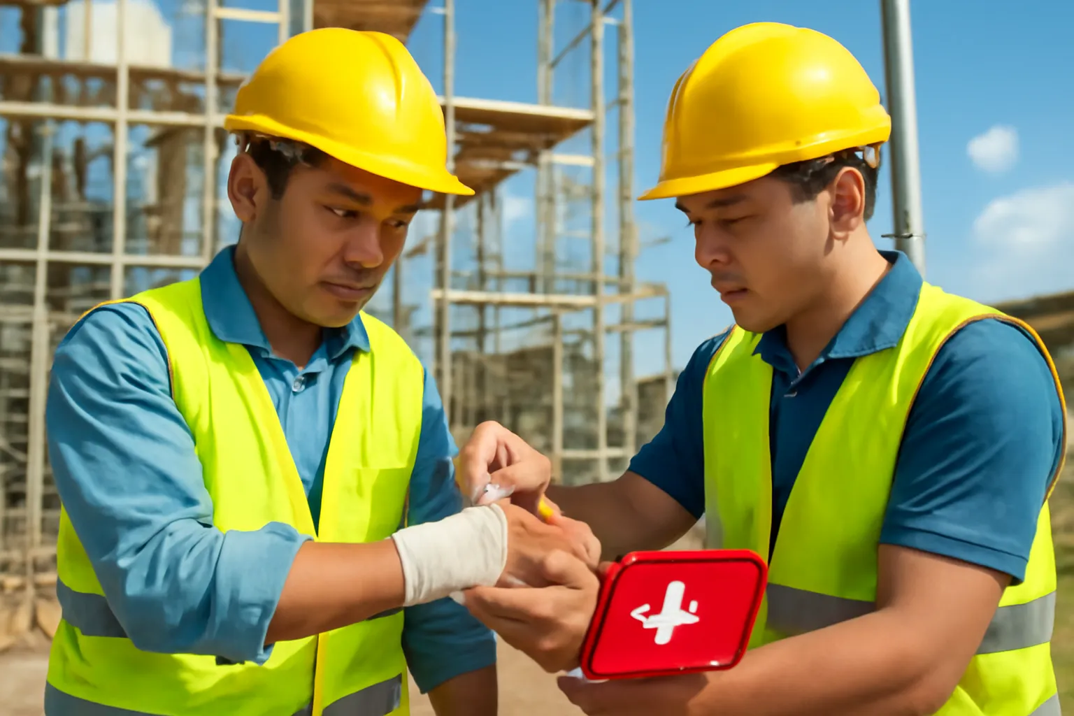 Công nhân xây dựng đội mũ bảo hộ được đồng nghiệp băng bó tay