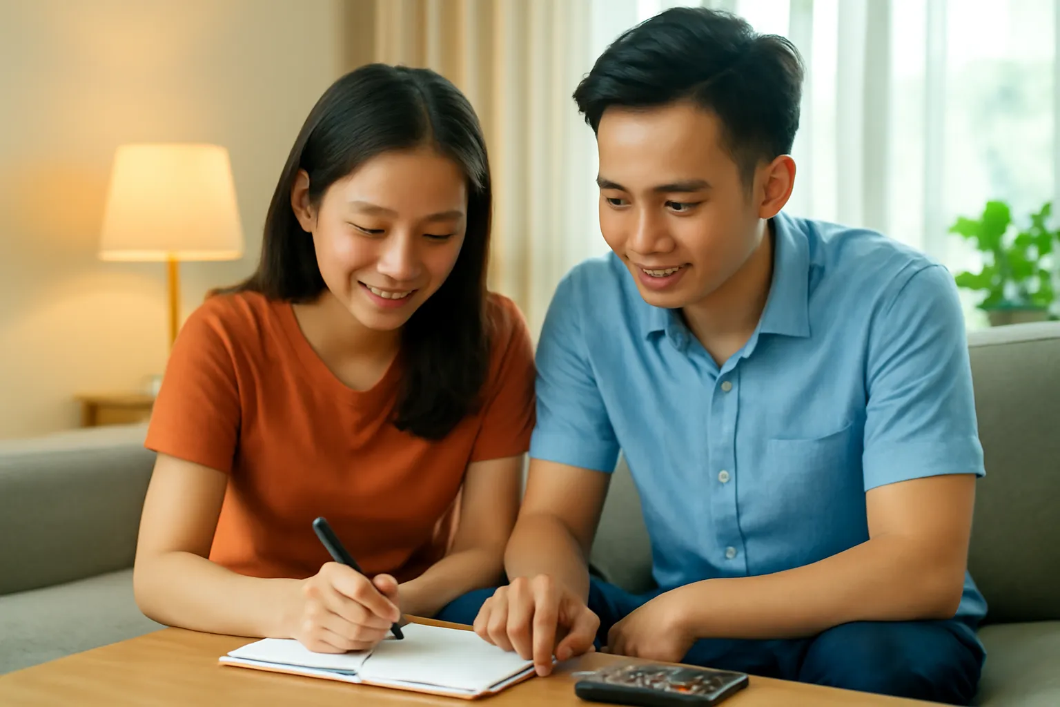 Vợ chồng trẻ ngồi cạnh nhau ghi chép sổ chi tiêu gia đình
