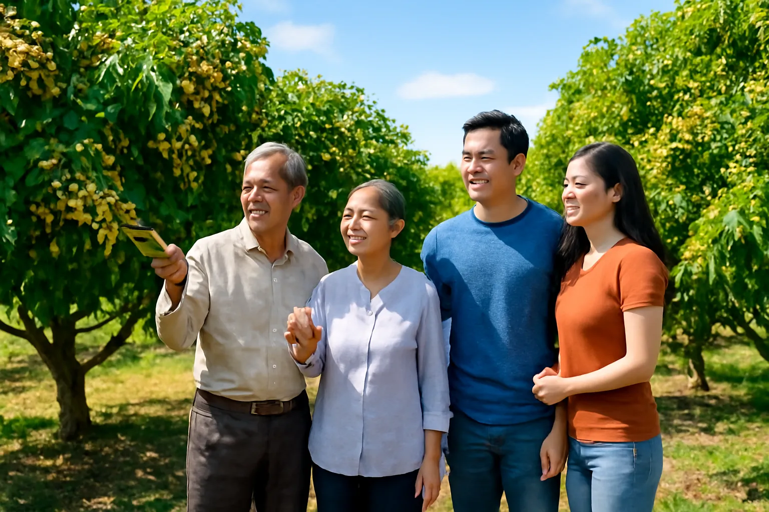 Hai ông bà đứng giữa vườn cây ăn trái cùng con trai và con dâu