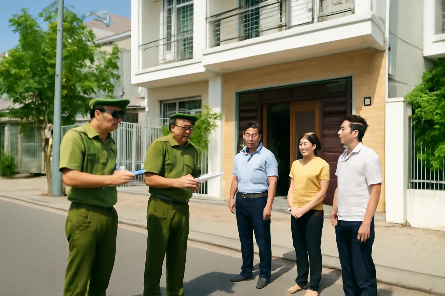 Cán bộ mặc đồng phục lập biên bản trước một căn nhà có người chứng kiến