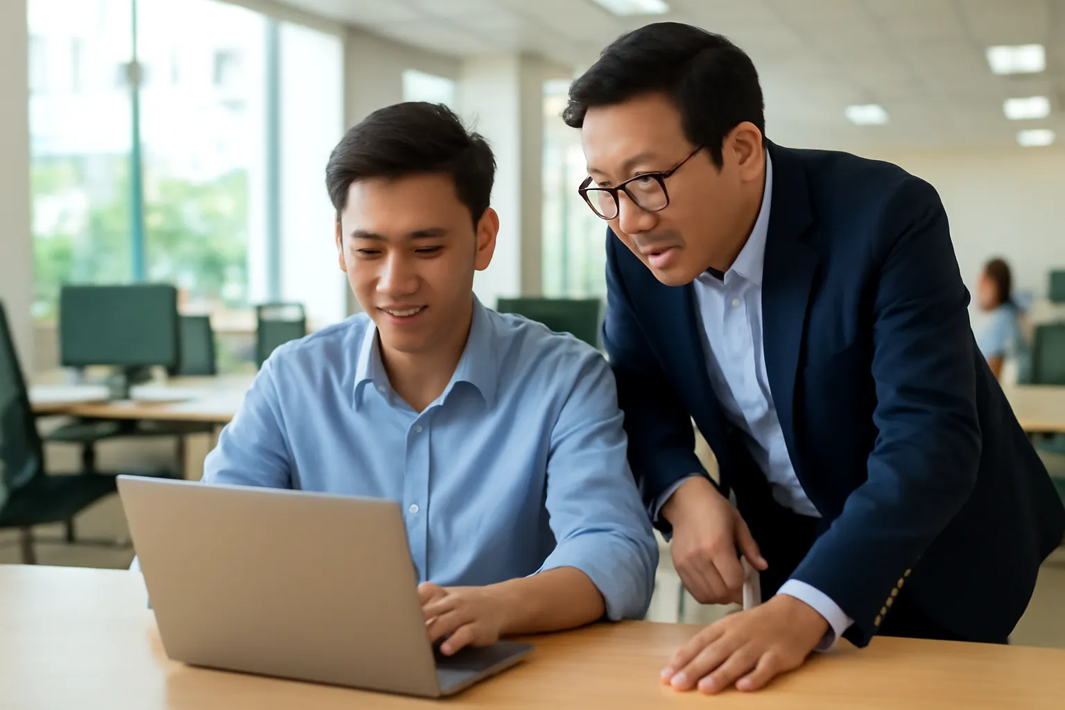 Chàng trai trẻ ngày đầu đi làm được trưởng nhóm hướng dẫn tại bàn