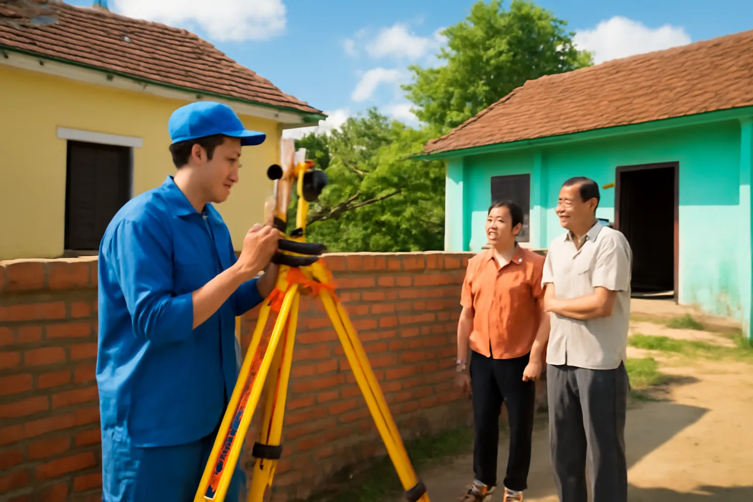 Hai người hàng xóm cùng nhìn cán bộ đo đạc dùng máy đo ở bờ tường