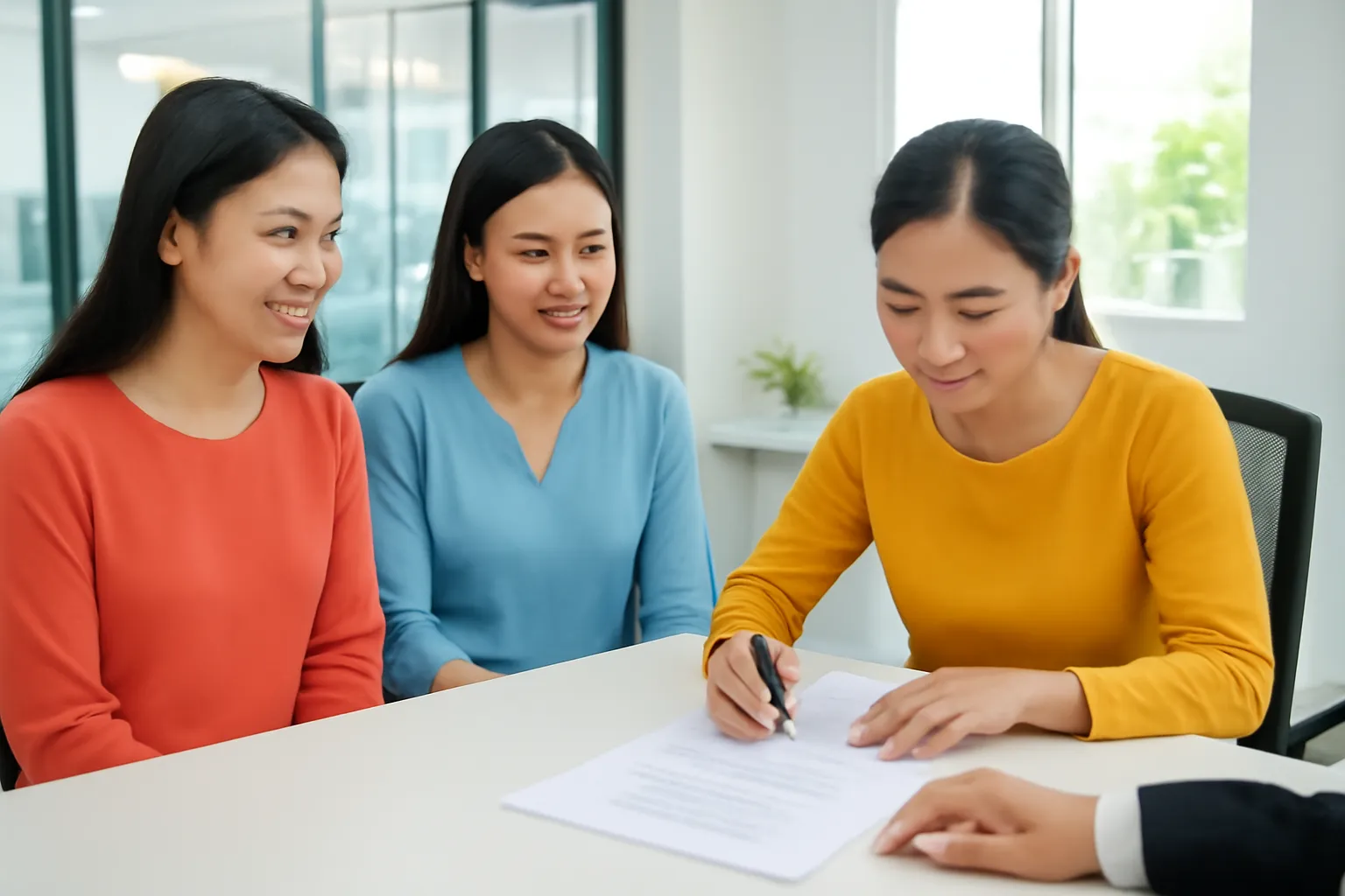 Ba chị em ngồi trước bàn công chứng viên ký văn bản