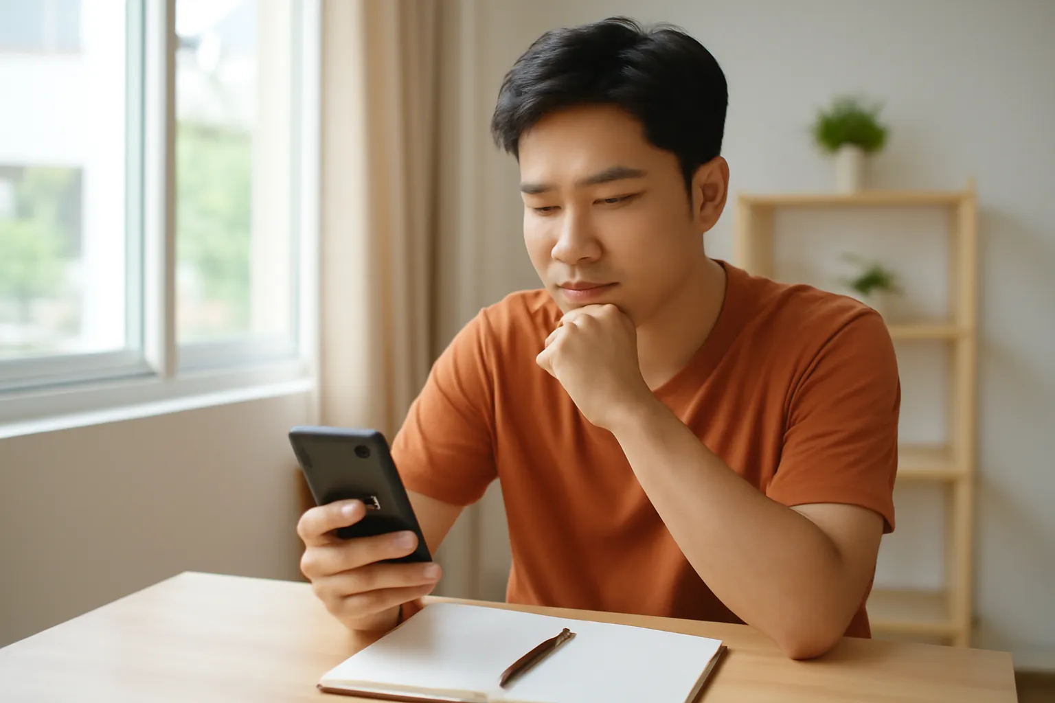 Chàng trai trẻ ngồi ở bậc cầu thang chung cư, tay ôm đầu bên chiếc điện thoại